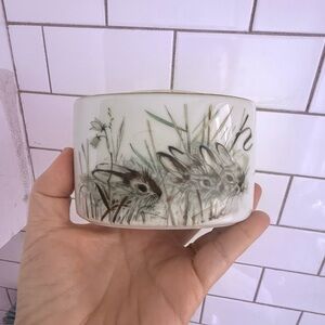 Enesco Mary Mugg Porcelain Rabbit Motif Oval Container 1978 tooth brush